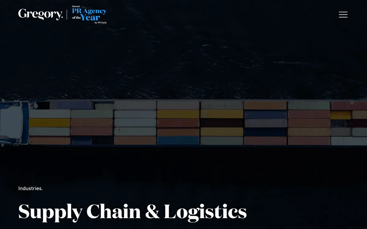 Gregory's supply chain and logistics PR page listing services, case studies and FAQs