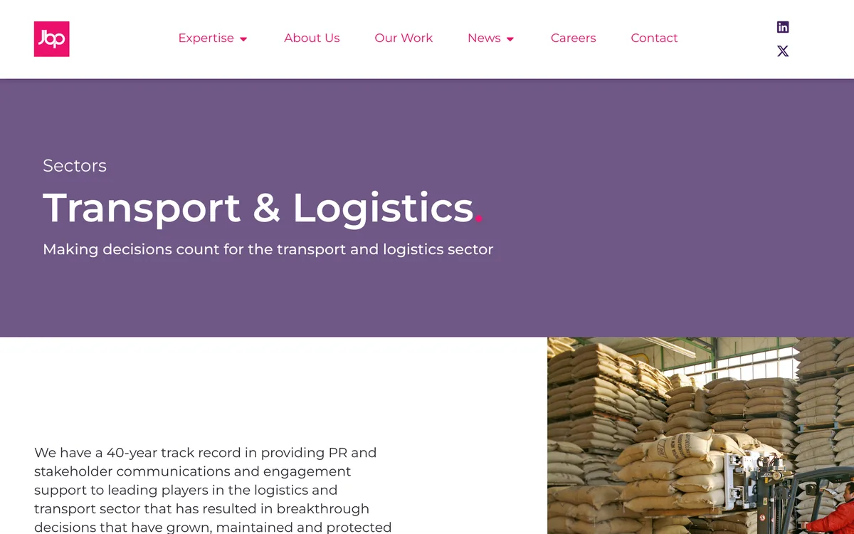 JBP's transport and logistics sector page with Palletways and First Bus work