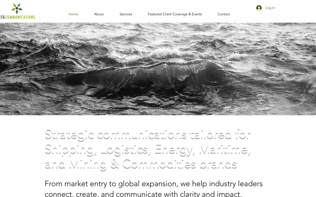 RTG Communications' home page with services and featured client coverage