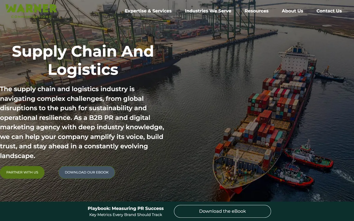 Warner Communications' supply chain and logistics page with client logos and case studies