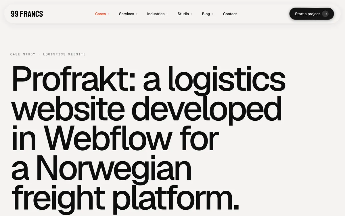 99 Francs case study page for the Profrakt logistics website built in Webflow