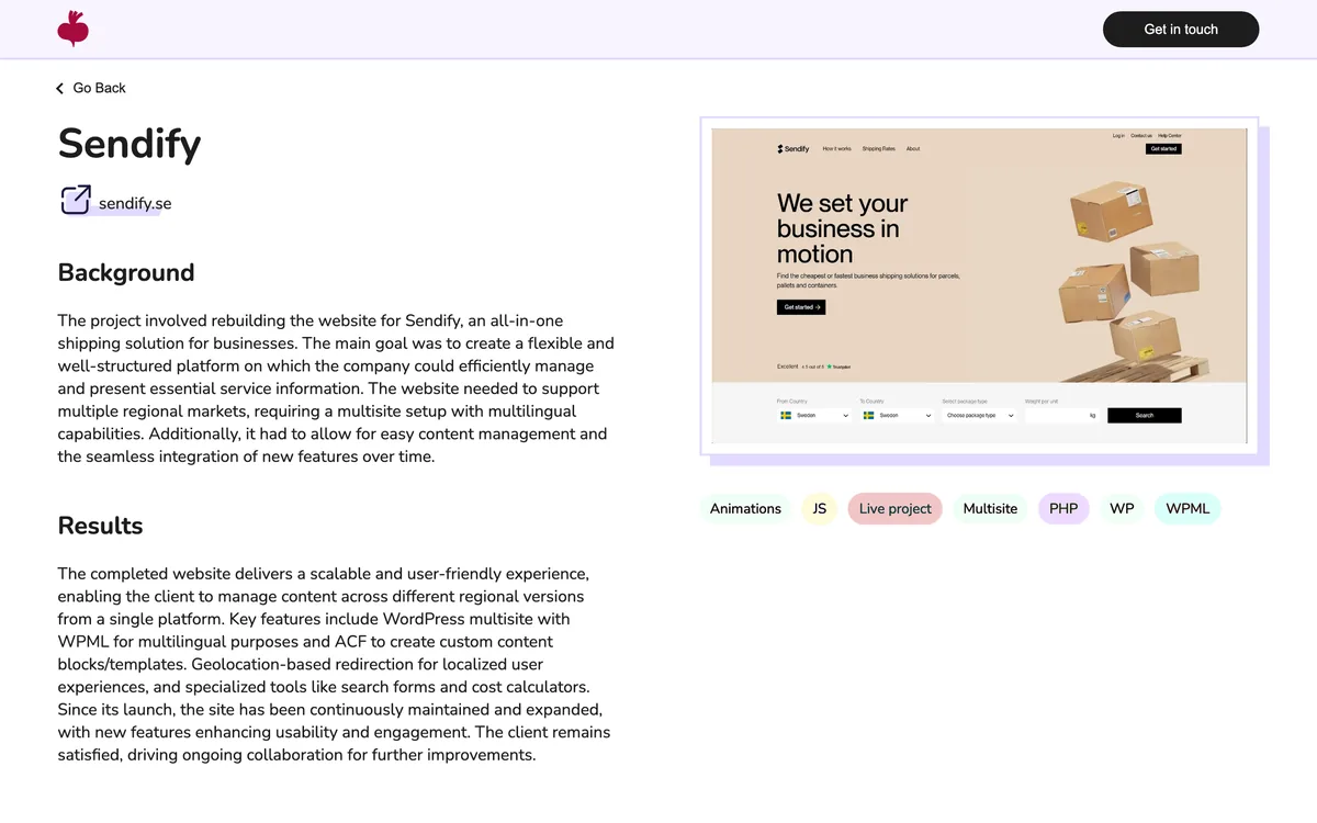 Beetroot's portfolio page for the Sendify website rebuild