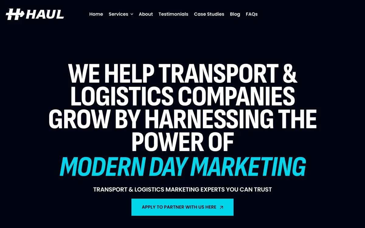 HAUL Agency home page for transport and logistics marketing, with client reviews