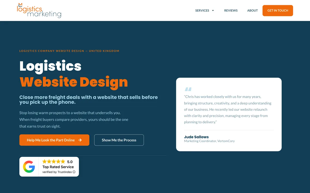 Logistics Marketing Ltd website design page with its price table and client reviews