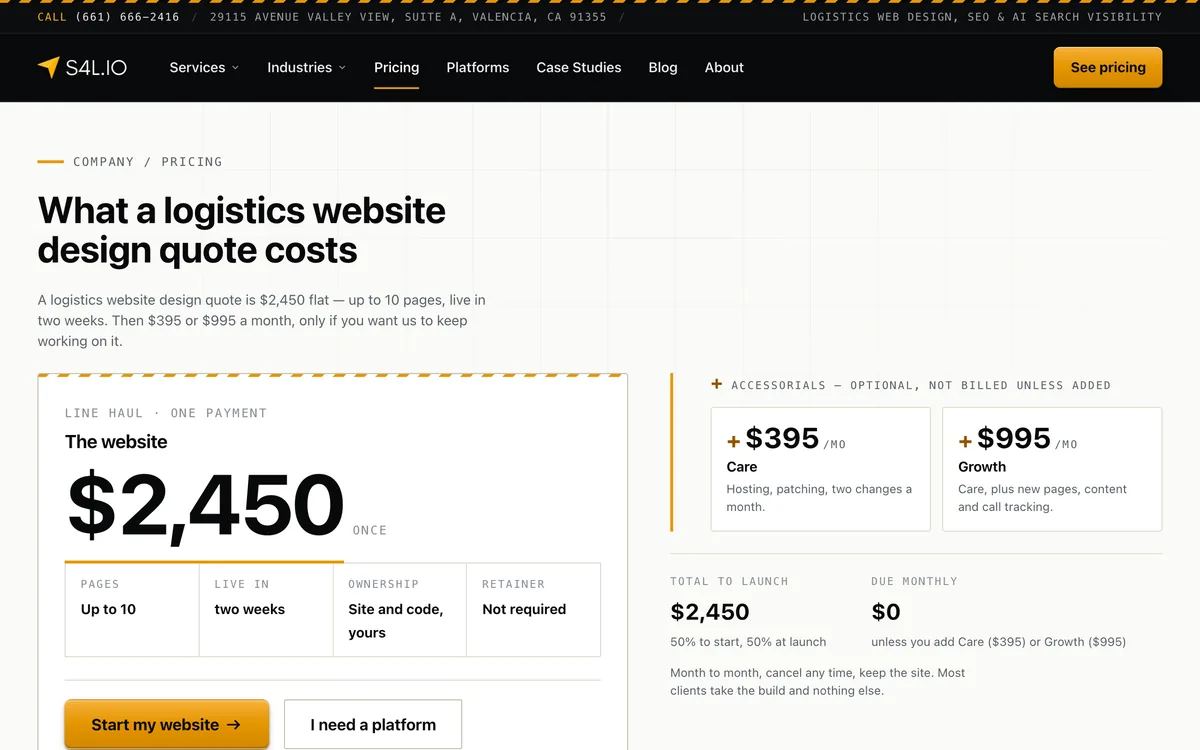S4L.IO pricing page for a logistics website of up to 10 pages