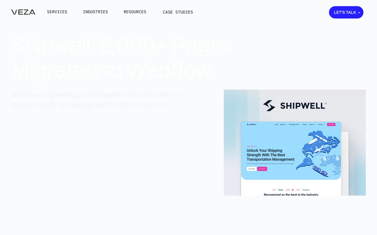 Veza Digital case study page on the Shipwell website migration to Webflow