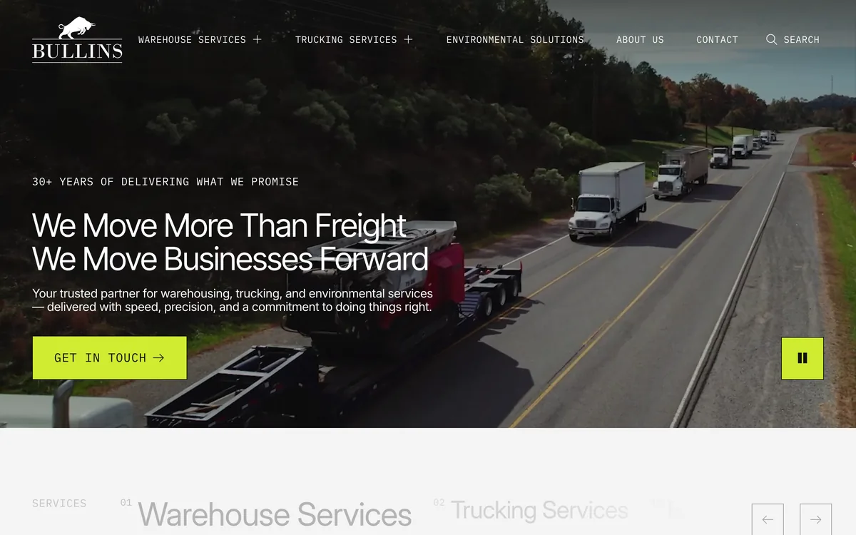 Bullins Trucking home page for warehousing, trucking and environmental services