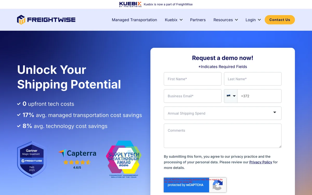 FreightWise demo request page with an annual shipping spend question