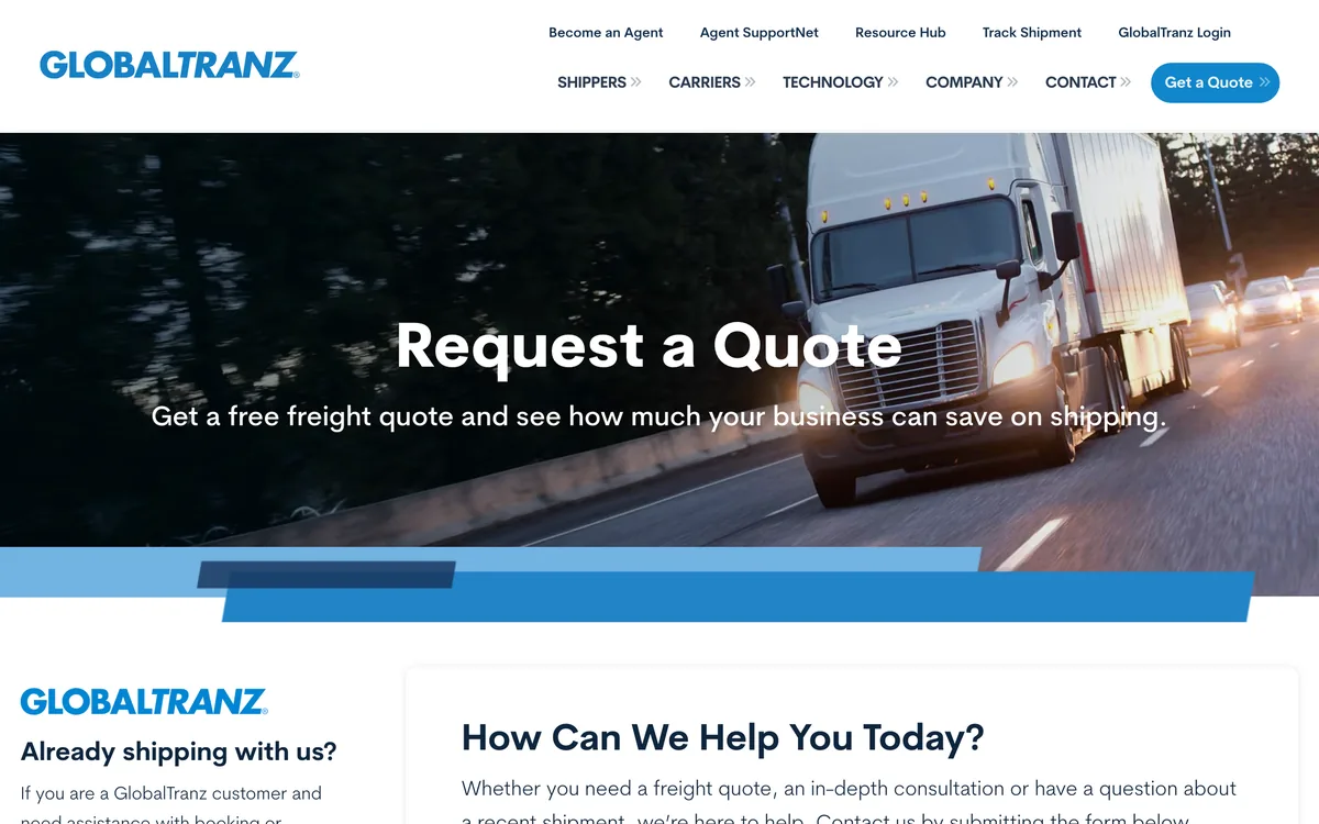 GlobalTranz request a quote page with company details and weekly shipment questions