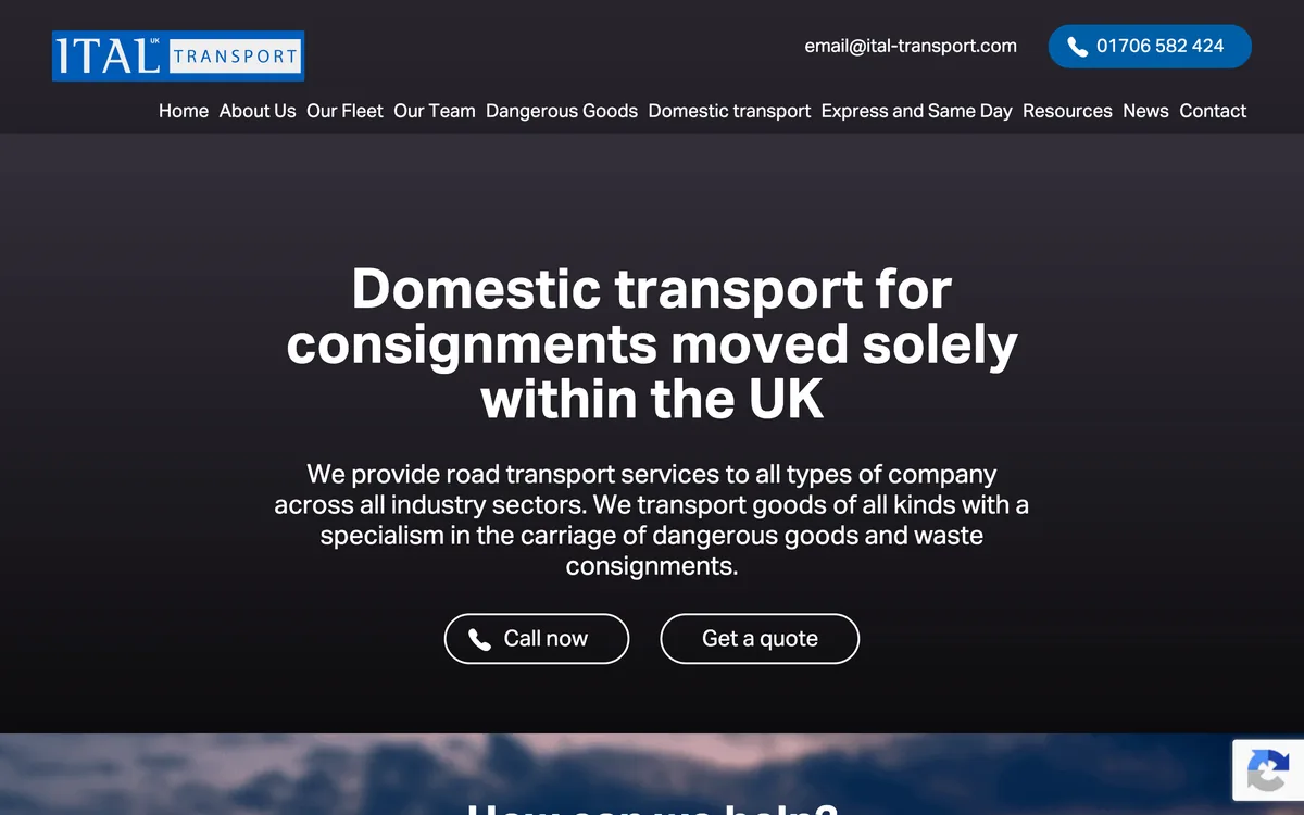 Ital Transport home page with UK domestic transport services and a quote request form