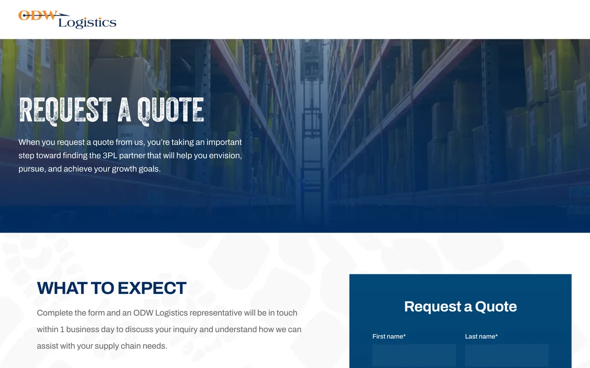 ODW Logistics request a quote page with what to expect and a contact form