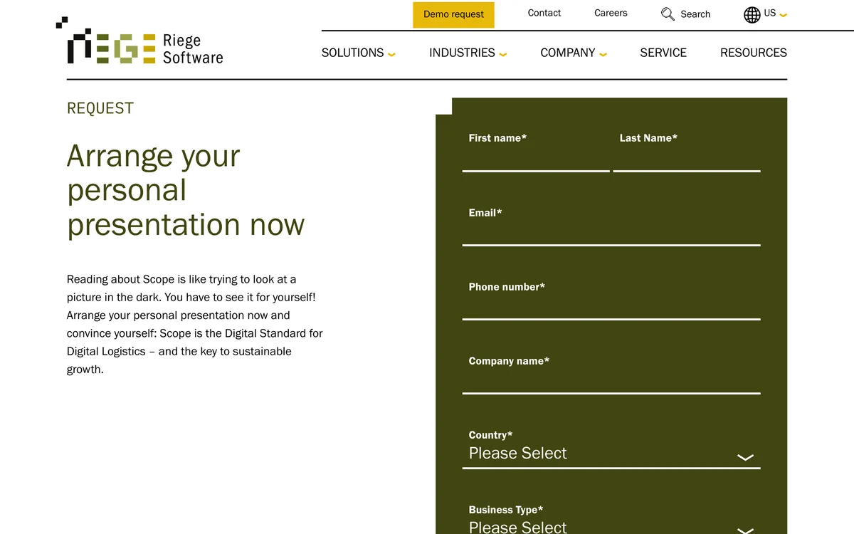 Riege Software demo request page for the Scope freight forwarding software