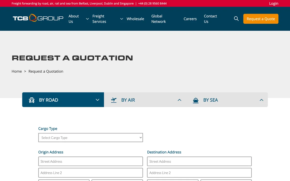 TCB Group request a quotation page with separate road, air and sea quote forms