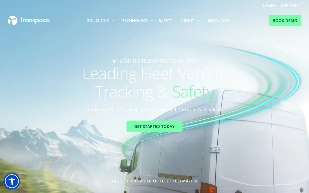 Transpoco home page for fleet tracking and connected cameras with industry tabs