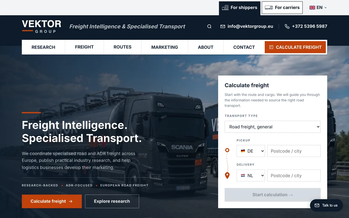 Vektor Group's home page with the freight estimate calculator