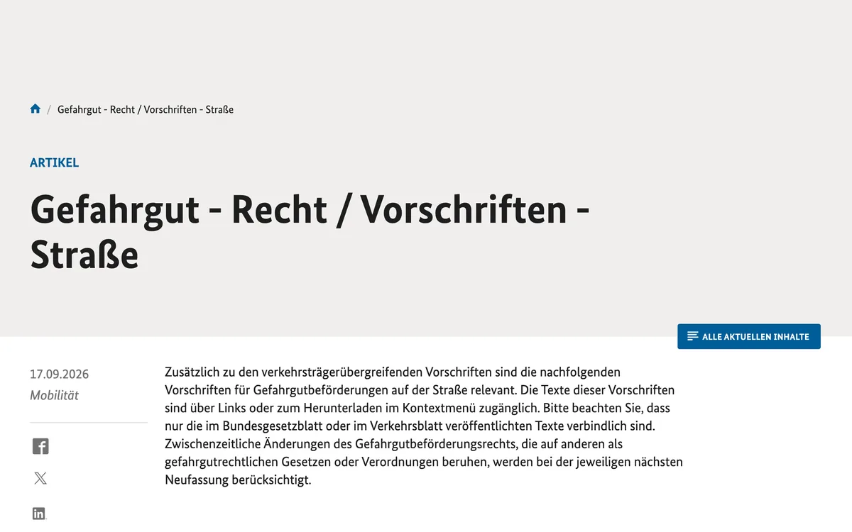 German Federal Ministry for Transport page listing the road dangerous goods legislation