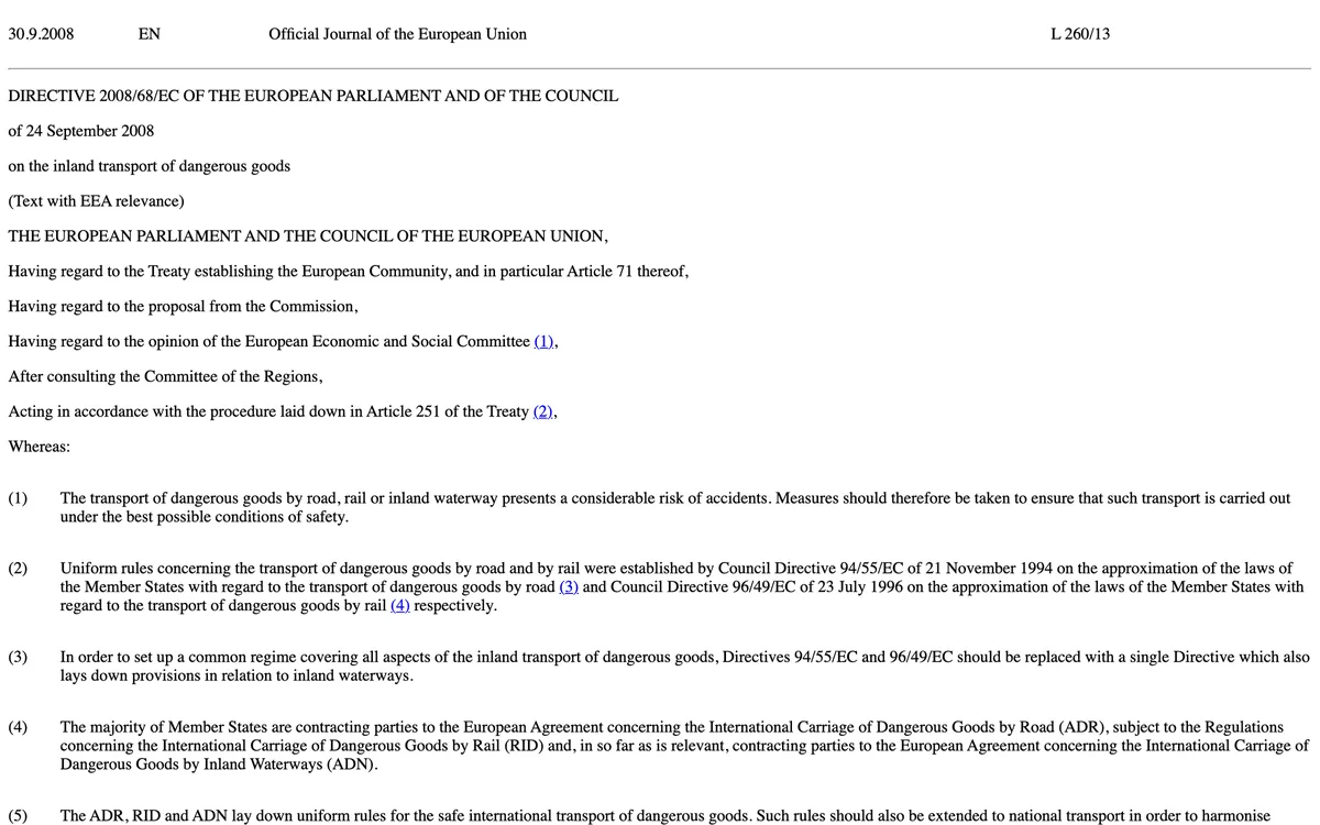 First page of Directive 2008/68/EC in the Official Journal of the European Union, L 260