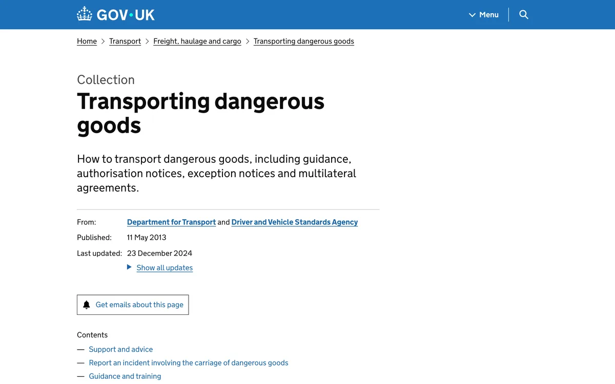 GOV.UK collection page Transporting dangerous goods from the Department for Transport and DVSA