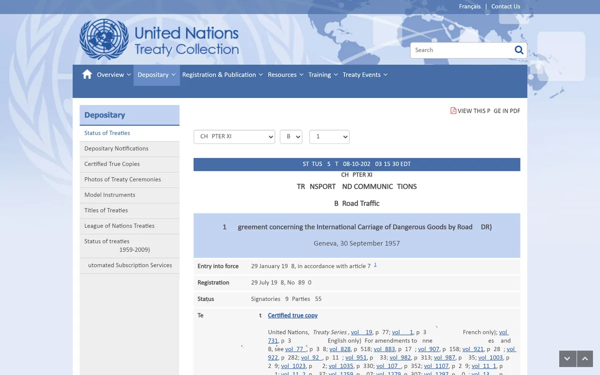 UN Treaty Collection status page for the ADR agreement, chapter XI B 14