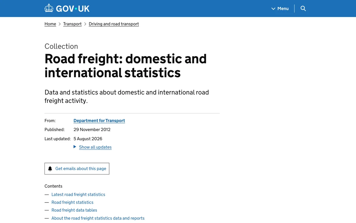 GOV.UK collection page for road freight domestic and international statistics