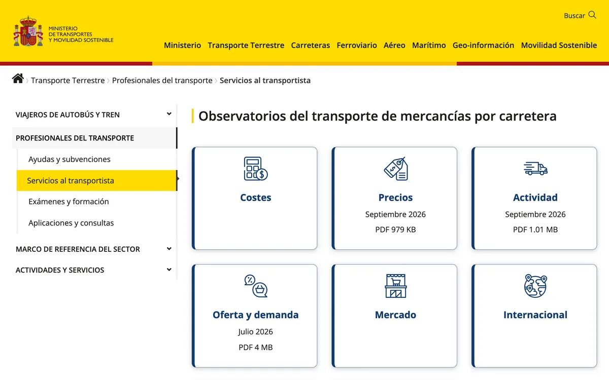 The Spanish transport ministry's road freight observatories page