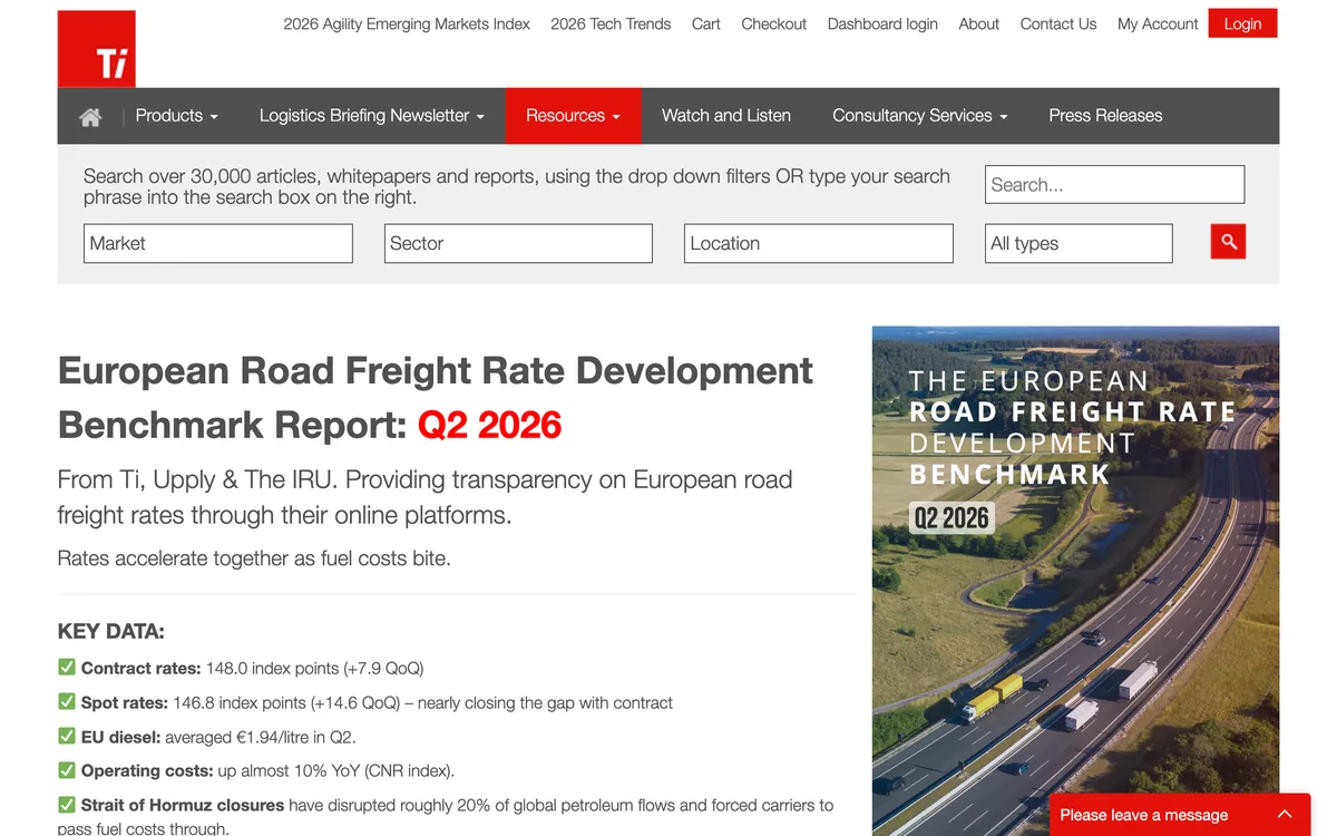 Ti's landing page for the Q2 2026 road freight rate benchmark