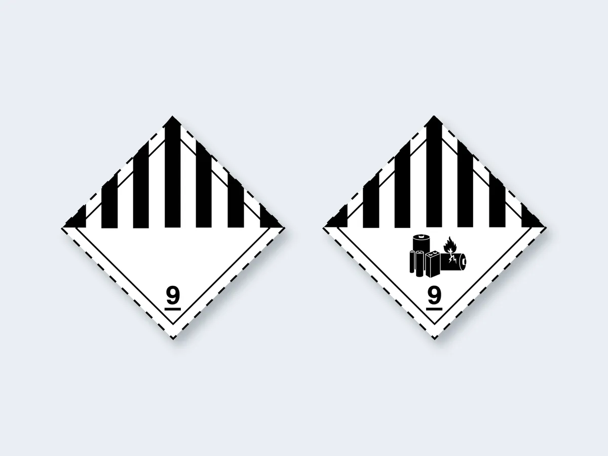 The class 9 hazard label and the 9A label that lithium battery shipments carry