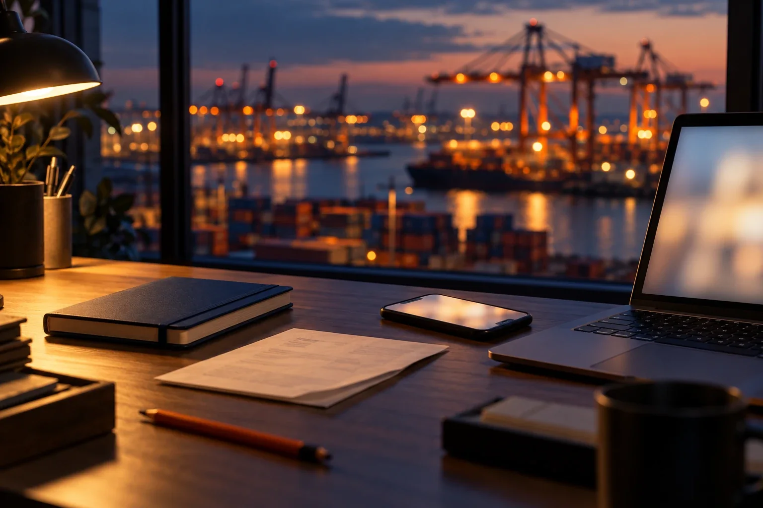 A planner's desk at dusk with a phone and laptop, a container terminal lit up beyond the window