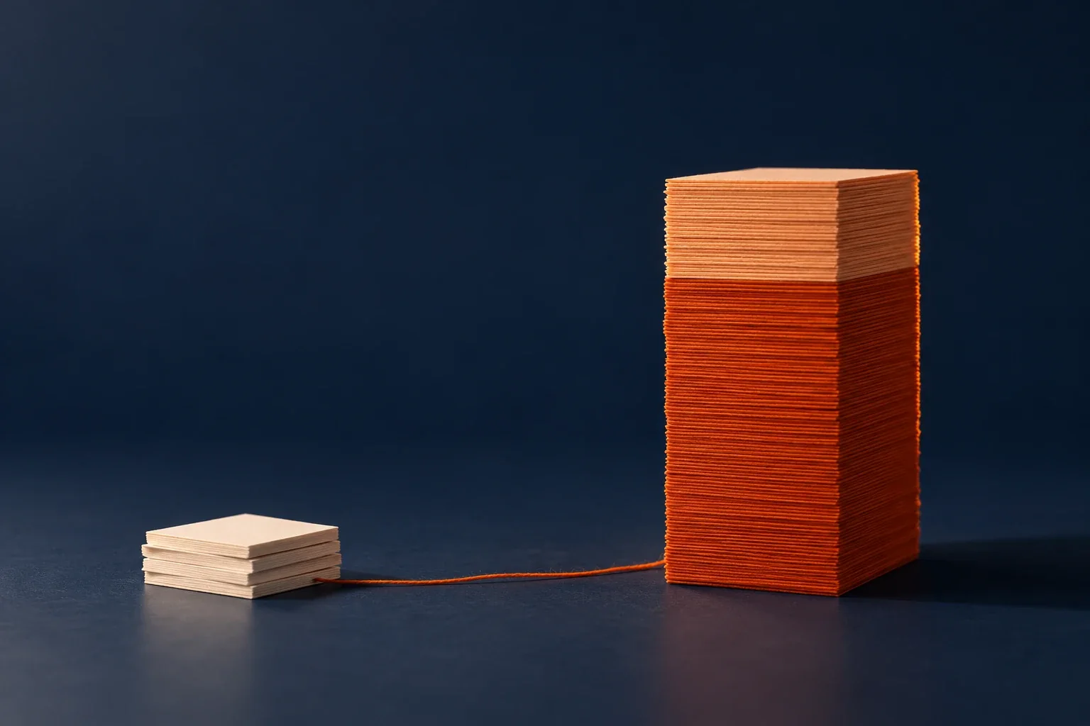 A small stack of about five slips joined by an orange string to a tall stack: about 5 quote requests a month on 18 August 2026, 82 or more in the 30 days to 10 October 2026, 53 days later: 76 or more freight requests from shippers and forwarders and 6 carriers asking to join the network