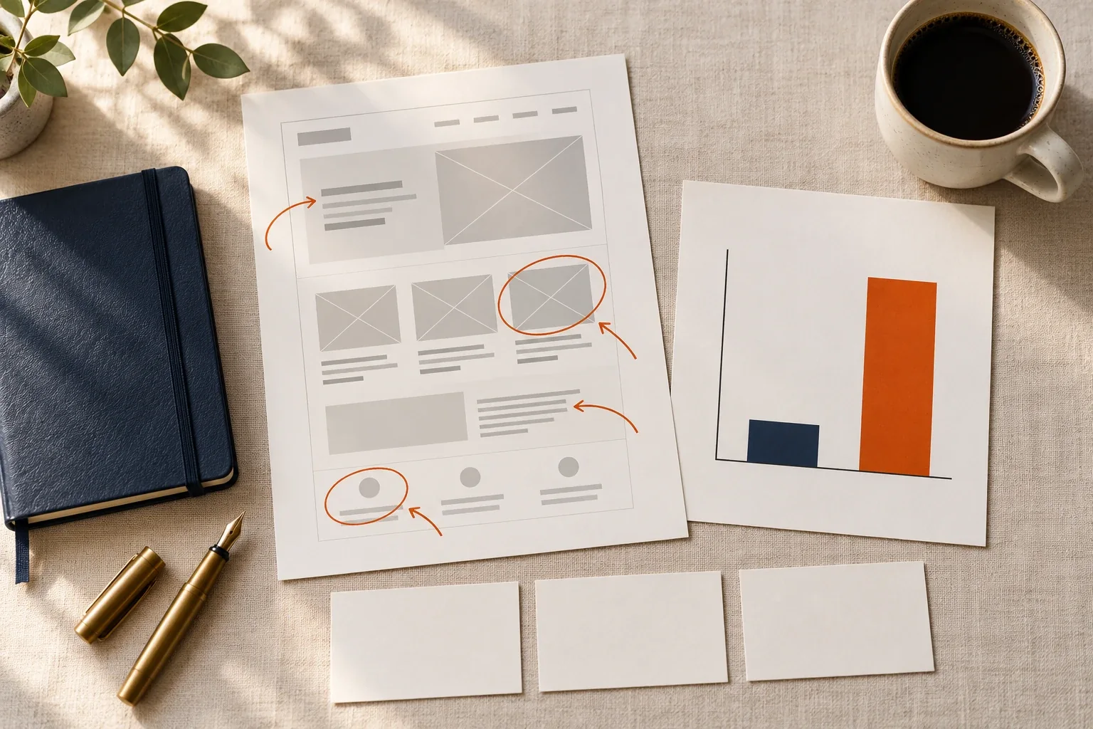 A marked up page layout, a bar chart with a short navy bar and a tall orange bar, a notebook and a pen