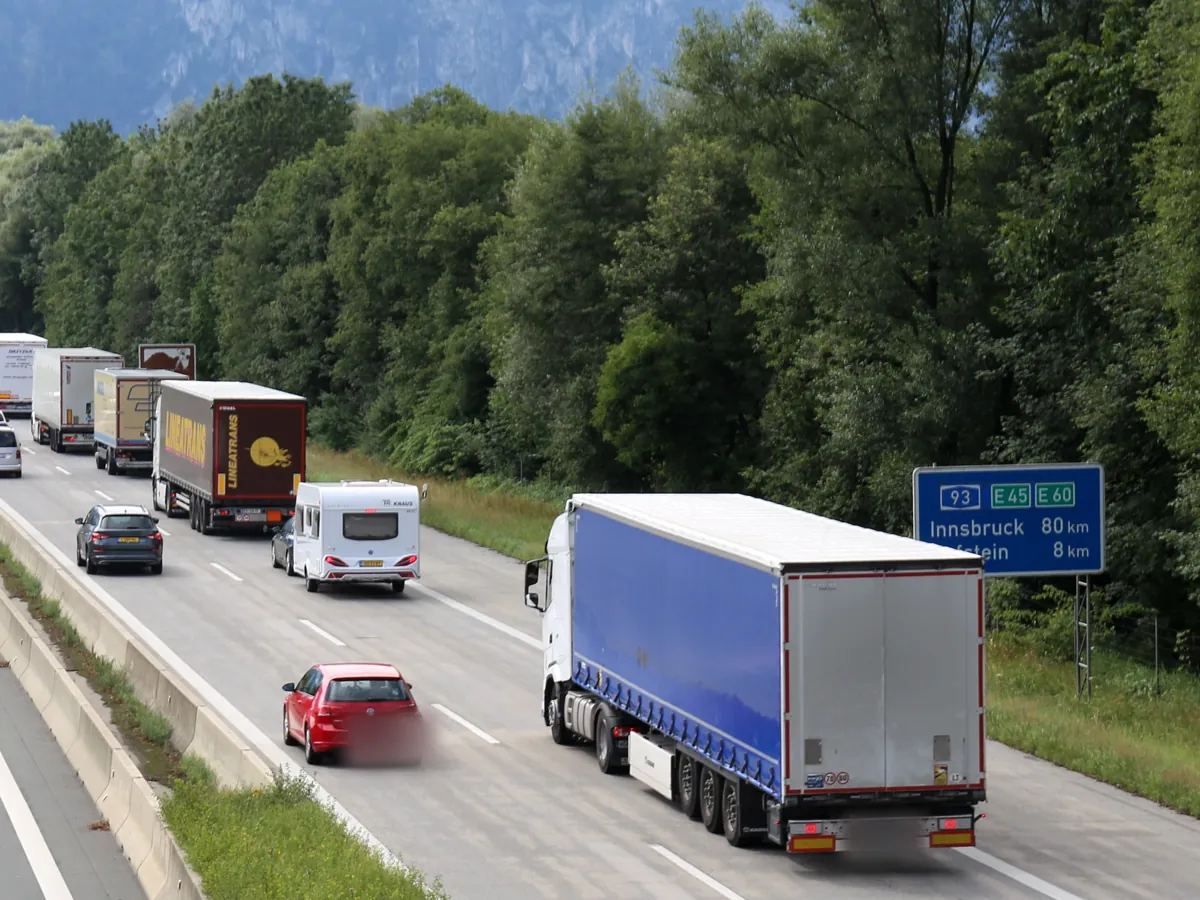 Lorries queuing on the A93 towards Kufstein and Innsbruck, where the German and Austrian motorways meet