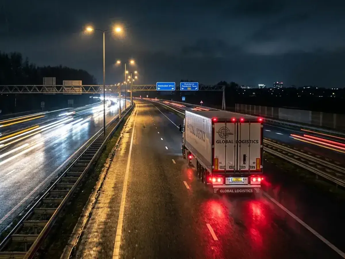 Lorry on a wet motorway at night, one of the European freight corridors the routes cover