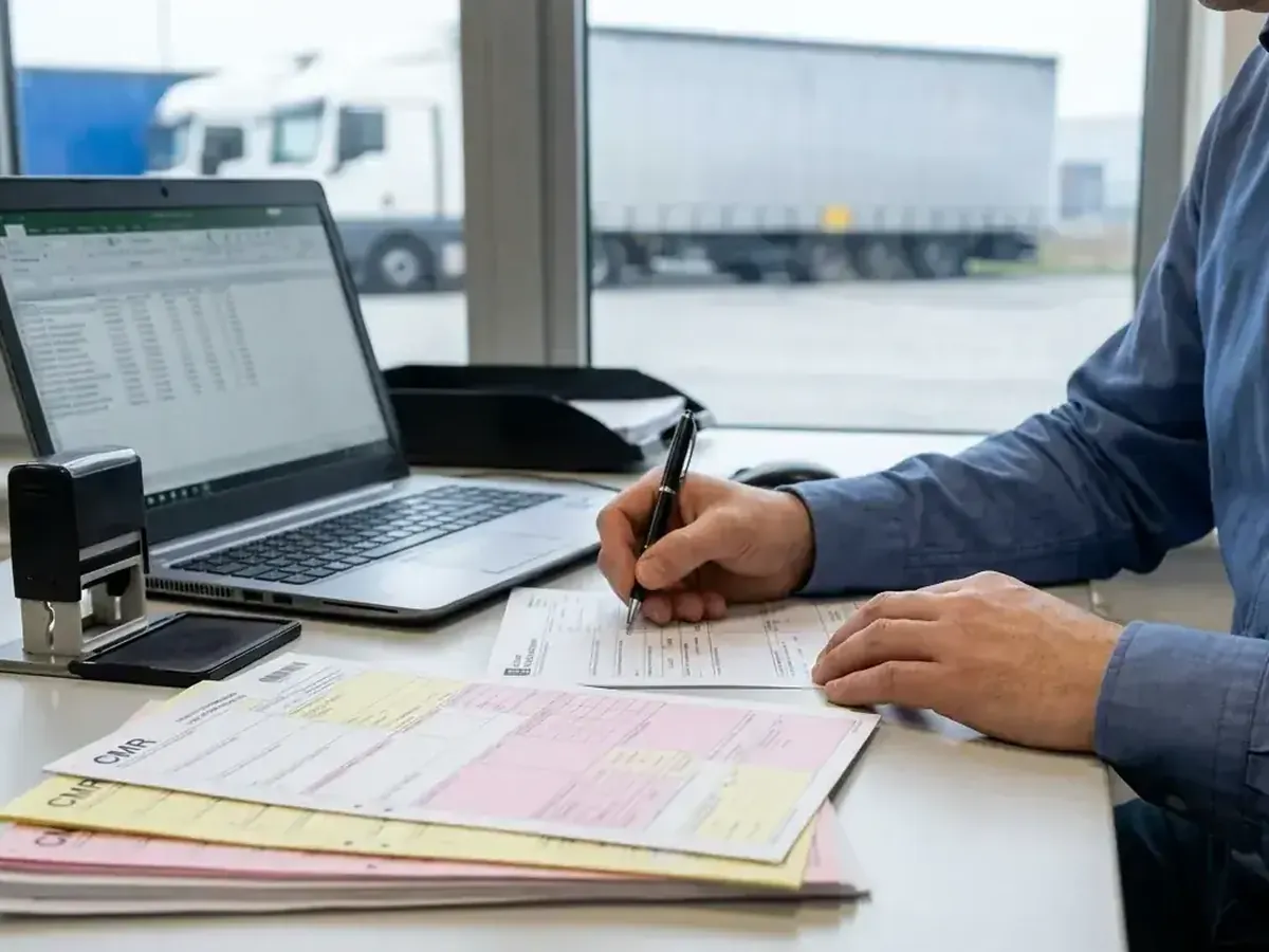 Vrachtpapieren worden naast een laptop gestempeld en getekend, de basis van de factuur van de vervoerder