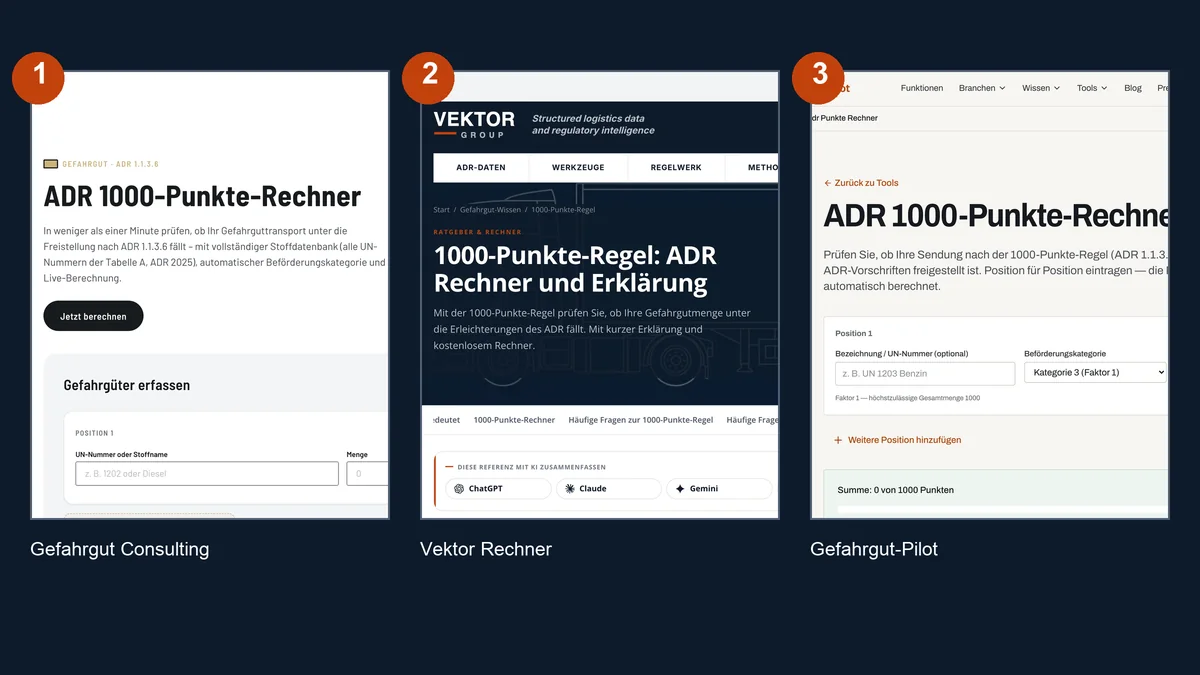 Drei 1000-Punkte-Rechner nebeneinander: Gefahrgut Consulting, Vektor und Gefahrgut-Pilot