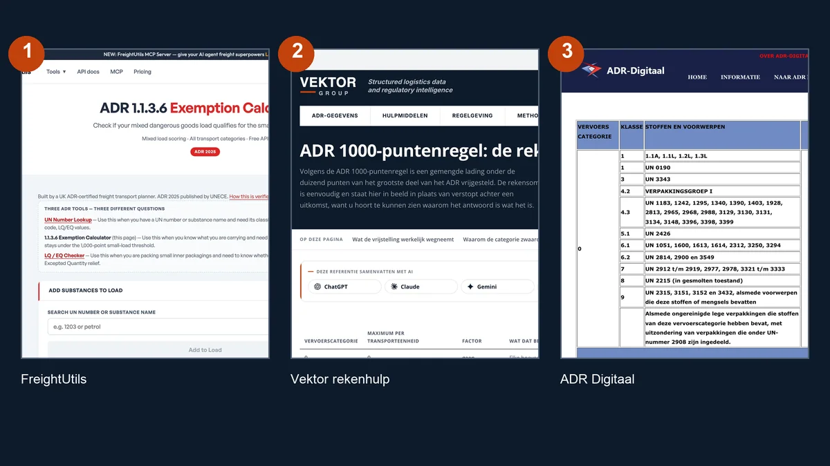 Drie rekentools voor de 1000-puntenregel naast elkaar: FreightUtils, Vektor en ADR Digitaal