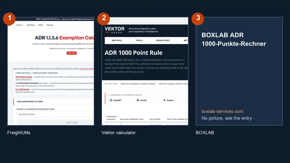Three ADR 1000 point calculators side by side: FreightUtils, Vektor and BOXLAB