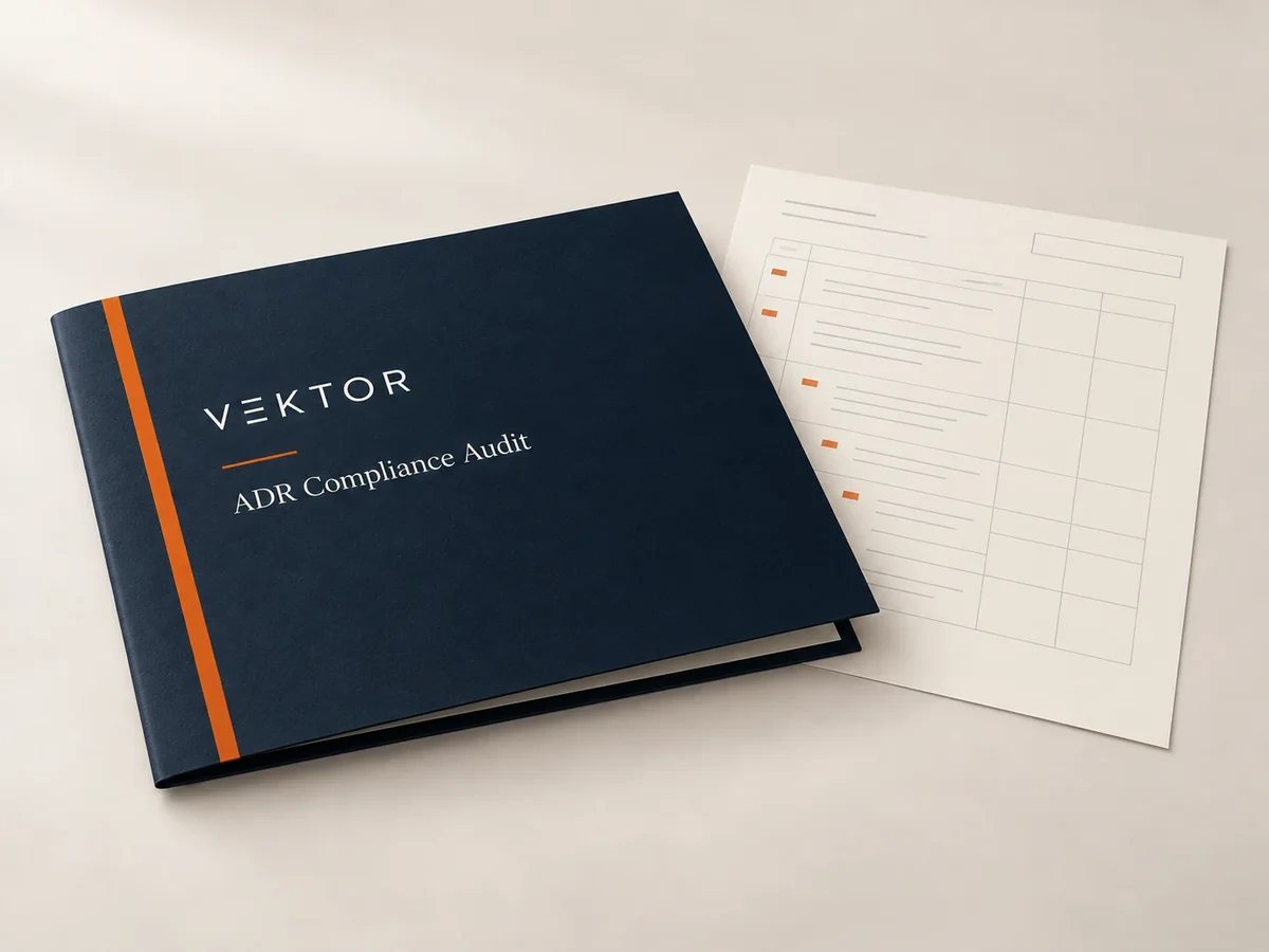 ADR compliance audit, illustrated as a Vektor audit folder with a findings table
