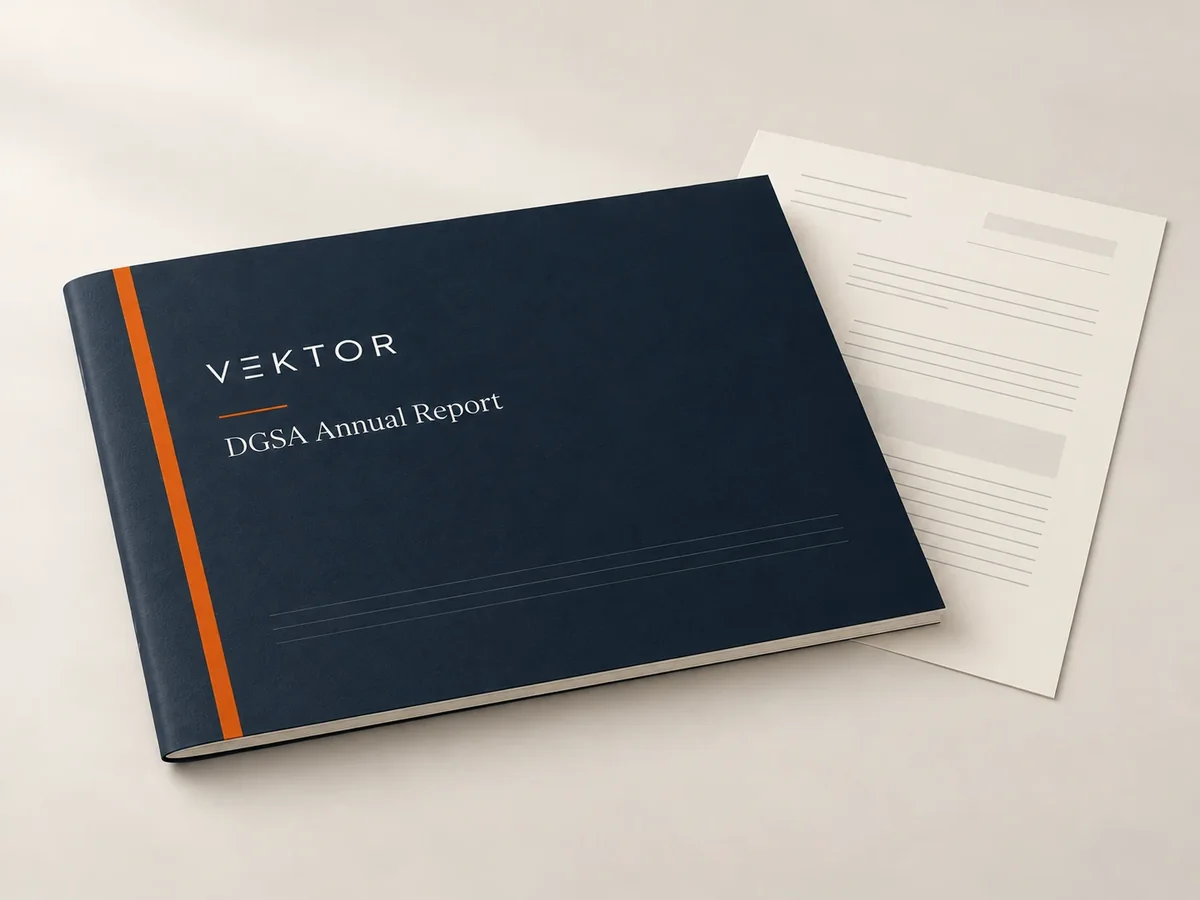 DGSA annual report preparation, illustrated as a Vektor report cover with record pages