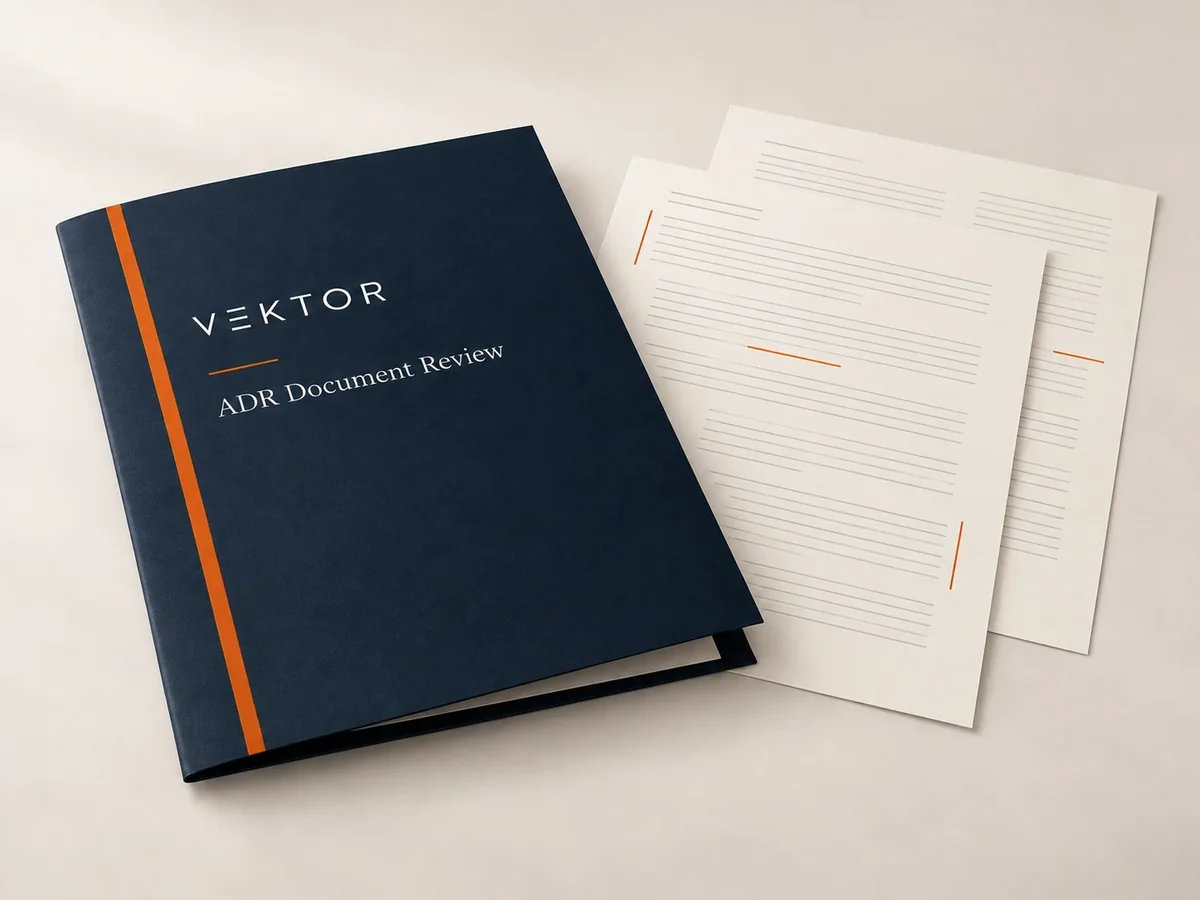 ADR document check, illustrated as a Vektor document review folder with marked pages