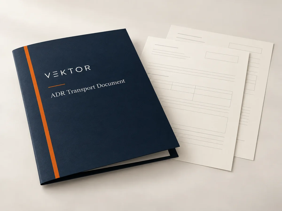 ADR transport document preparation, illustrated as a Vektor report folder with document pages