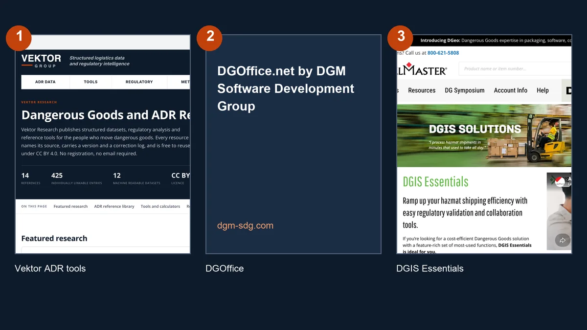 The first three entries in this comparison: Vektor's free ADR reference tools, DGOffice.net by DGM Software Development Group and Labelmaster DGIS Essentials