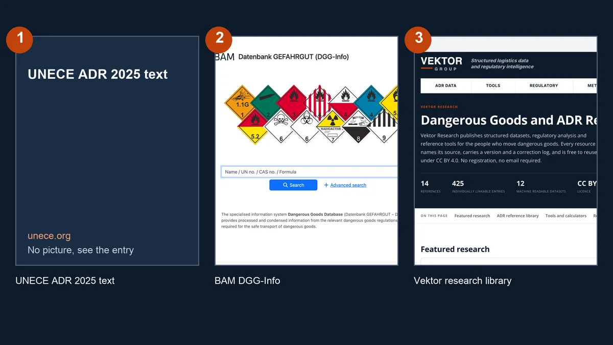 Three free ADR resources side by side: UNECE's ADR text, BAM DGG-Info and Vektor's research library