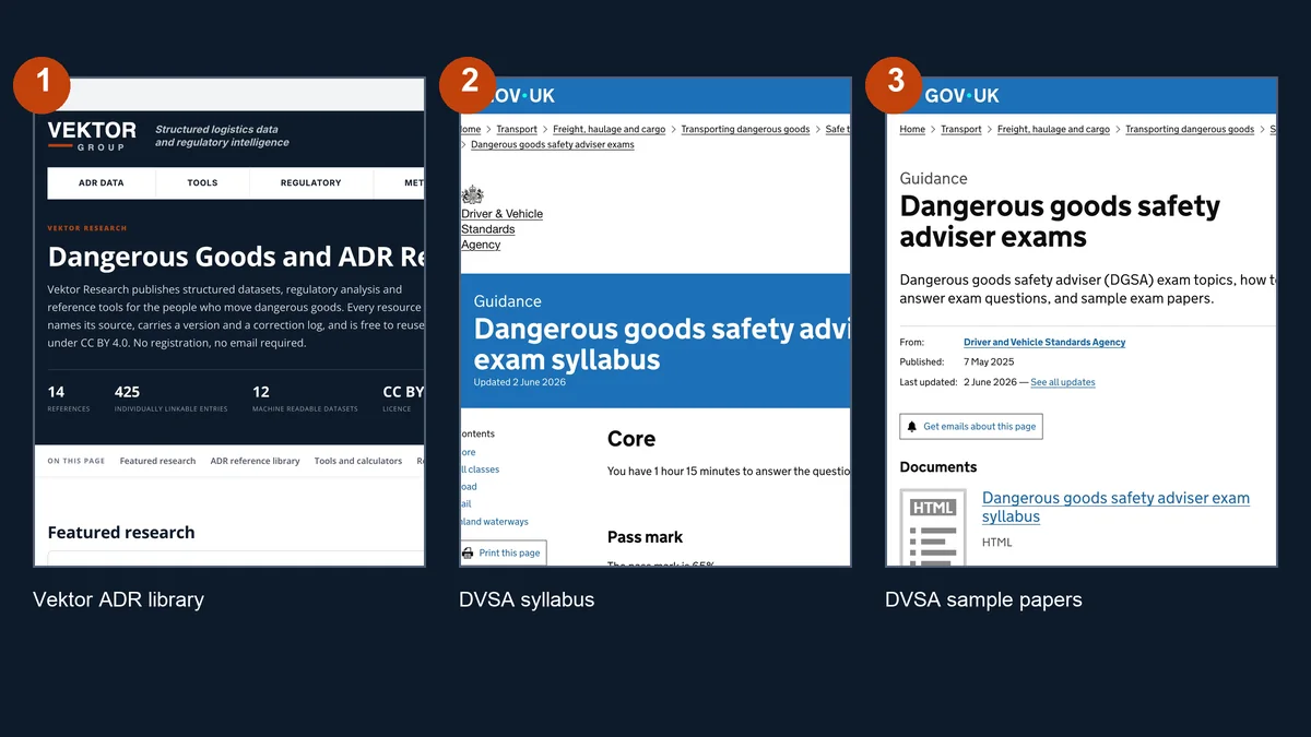 The first three entries in this comparison: Vektor ADR reference library, DVSA DGSA exam syllabus and DVSA DGSA sample exam papers