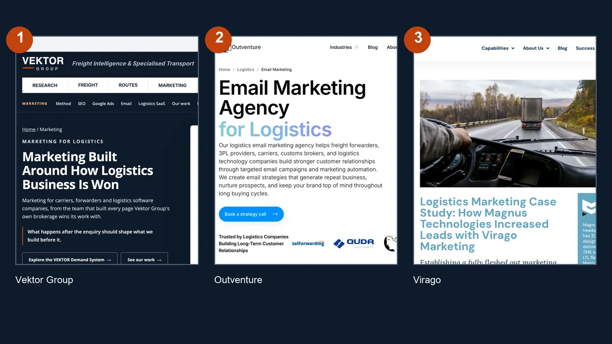 The first three entries in this comparison: Vektor Group, Outventure and Virago Marketing