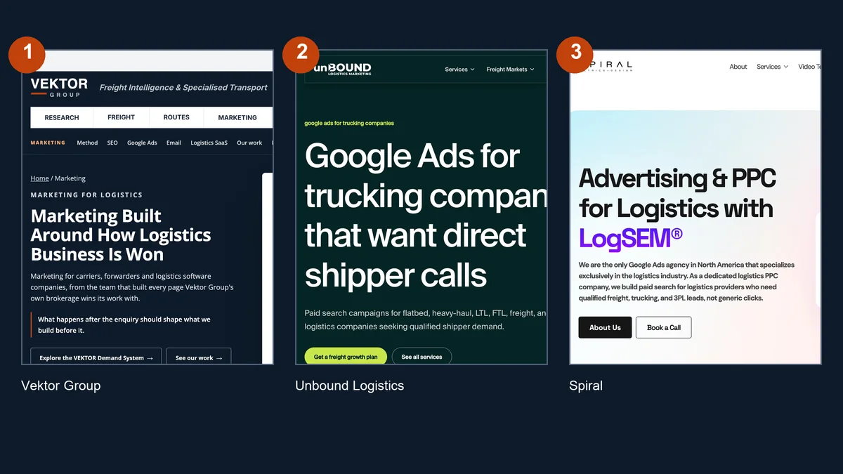 The first three entries in this comparison: Vektor Group, Unbound Logistics and Spiral (LogSEM)