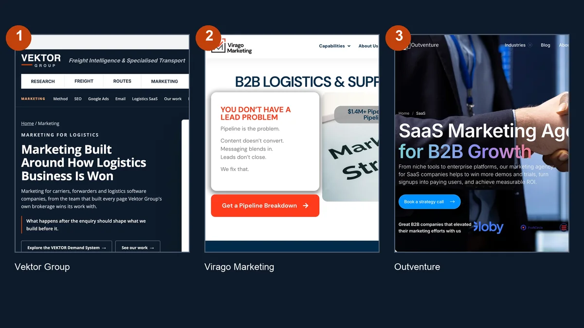 The first three entries in this comparison: Vektor Group, Virago Marketing and Outventure