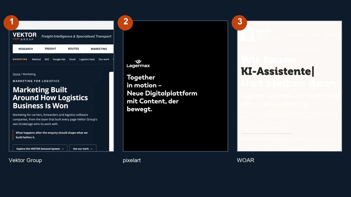 The first three entries in this comparison: Vektor Group, pixelart and WOAR