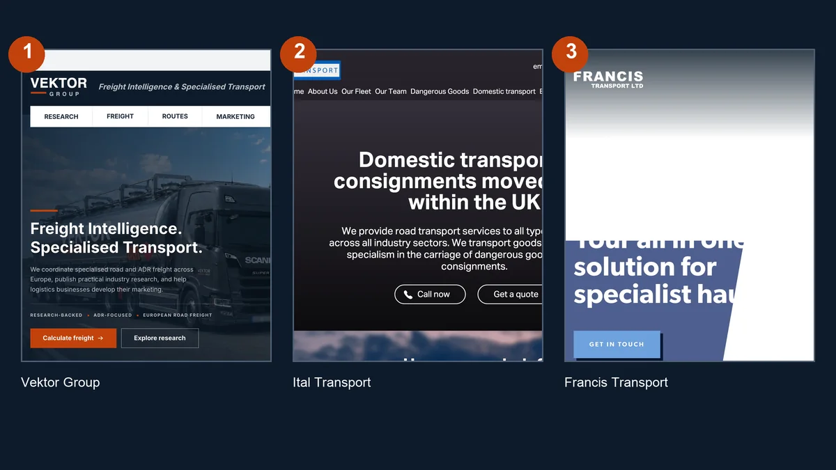 The first three entries in this comparison: Vektor Group home page, Ital Transport and Francis Transport