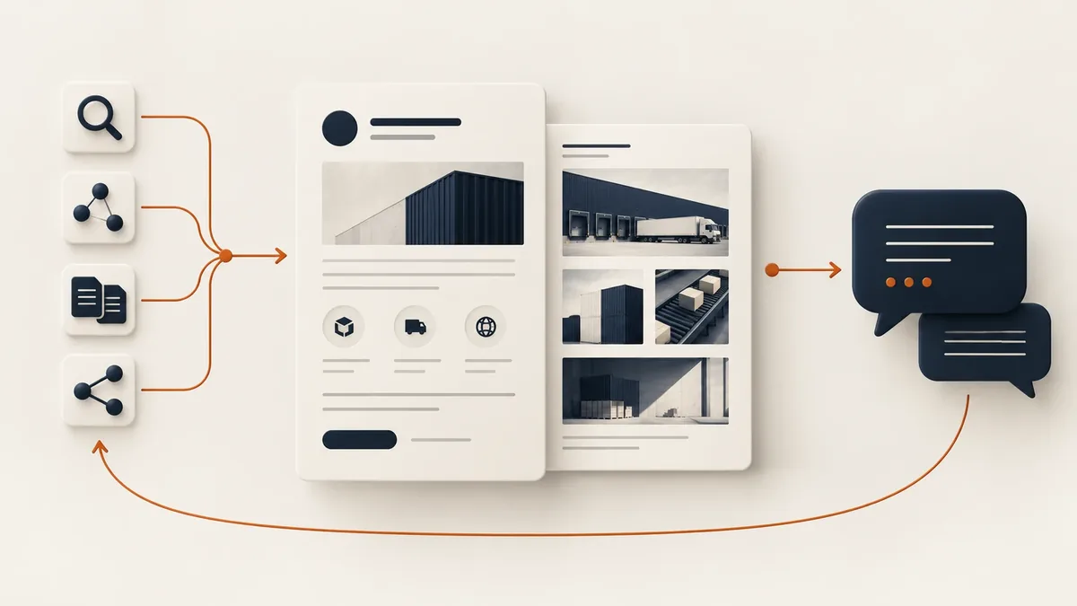 Search, AI answers, comparisons and recommendations leading to service pages and then a conversation, with what sales learns looping back
