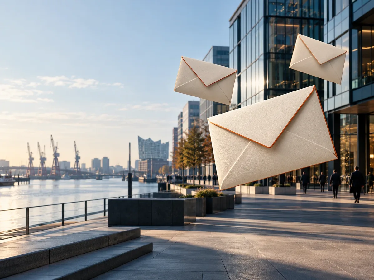 Three envelopes floating along a harbour promenade with cranes and office buildings